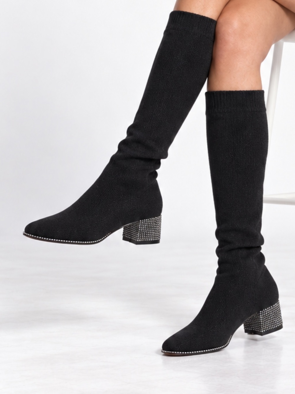 Rene Caovilla Black Knit Sock Boots Crystal Block Heel US 7.5 EU 37.5